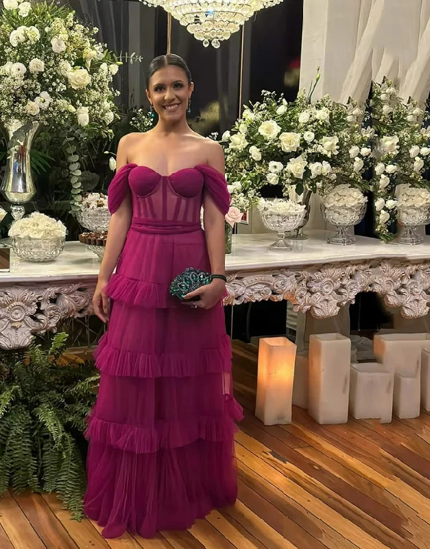 Timeless Women's Outfit Purple Tiered Tulle Layers Long Prom Dresses Off The Shoulder Party Dress Floor Length Evening Gown robes de soirée Timeless Women's Outfit Purple Tiered Tulle Layers Long Prom Dresses Off The Shoulder Party Dress Floor Length Evening Gown robes de soirée