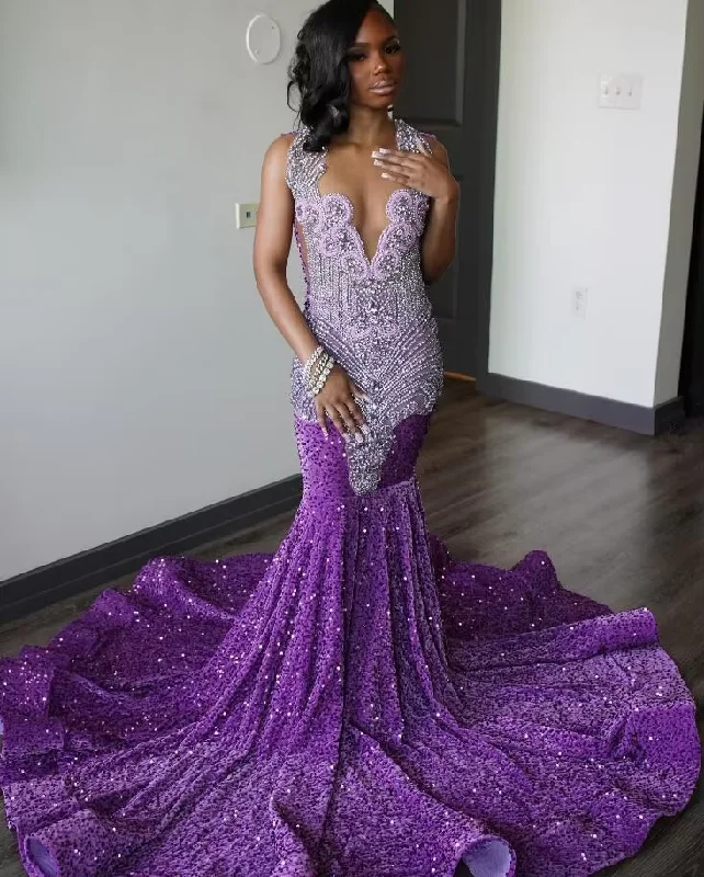 Women's Romantic Outfit Purple Sparkly Long Mermaid Prom Birthday Gala Dresses for Black Girl 2024 Luxury Diamond Velvet Sequins Evening Ceremony Gown Women's Romantic Outfit Purple Sparkly Long Mermaid Prom Birthday Gala Dresses for Black Girl 2024 Luxury Diamond Velvet Sequins Evening Ceremony Gown