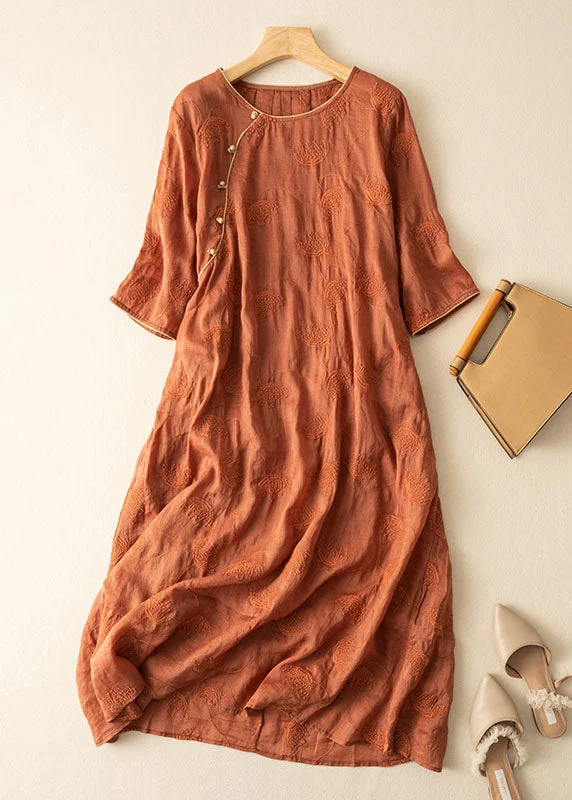 Women's Layered Outfit Orange Patchwork Linen Dresses Embroideried Button Bracelet Sleeve Women's Layered Outfit Orange Patchwork Linen Dresses Embroideried Button Bracelet Sleeve