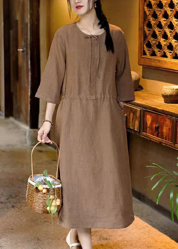 Chic Styles French Caramel Pockets Waist Linen Dresses Bracelet Sleeve
