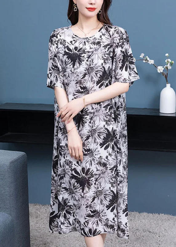 Stylish Fashion Clearance – Last Chance To Save Boho Black Grey O Neck Print Patchwork Chiffon Dresses Half Sleeve