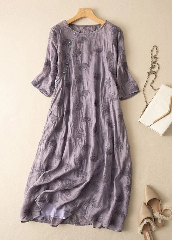 Sustainable Women's Clothing Vintage Purple O-Neck Embroideried Patchwork Linen Dress Summer Sustainable Women's Clothing Vintage Purple O-Neck Embroideried Patchwork Linen Dress Summer