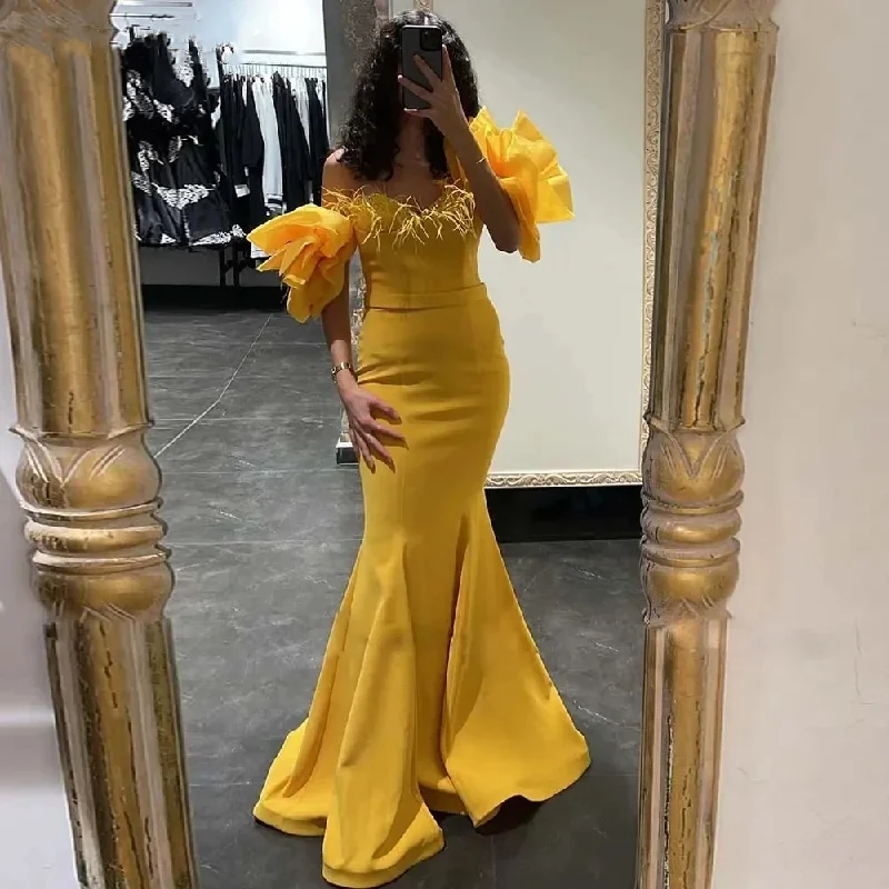 Chic Casual Wardrobe Essentials New Yellow Simple Evening Dresses Sweetheart Belt Feathers Party Prom Gowns Elegant Off Shoulder Backless Chic Casual Wardrobe Essentials New Yellow Simple Evening Dresses Sweetheart Belt Feathers Party Prom Gowns Elegant Off Shoulder Backless