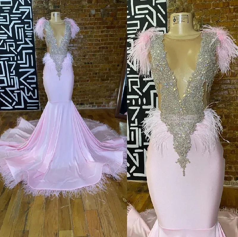 Women's Evening Wear Pink Feather Mermaid Evening Prom Dress 2024 For Women Sparkly Crystal Beaded Party Birthday Gown Chapel Train Vestidos De Gala Women's Evening Wear Pink Feather Mermaid Evening Prom Dress 2024 For Women Sparkly Crystal Beaded Party Birthday Gown Chapel Train Vestidos De Gala