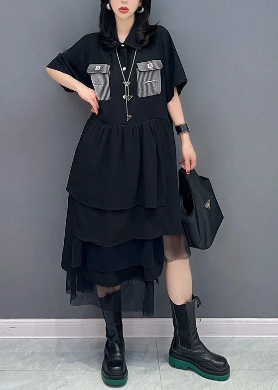 Evening Elegance Beautiful Black Peter Pan Collar Wrinkled Patchwork Chiffon Dress Summer Evening Elegance Beautiful Black Peter Pan Collar Wrinkled Patchwork Chiffon Dress Summer