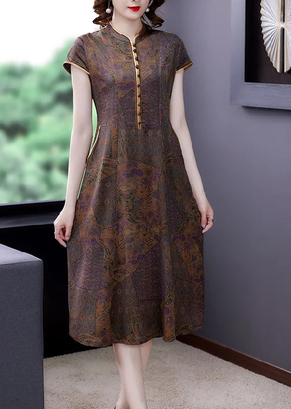 Chic Trend Collection Vintage Coffee Stand Collar Print Button Patchwork Silk Dress Summer Chic Trend Collection Vintage Coffee Stand Collar Print Button Patchwork Silk Dress Summer