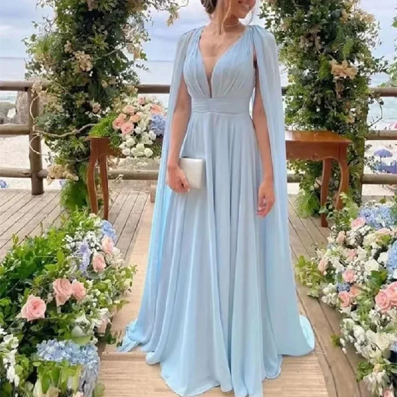 Women's Tops And Clothing Fashion Long Evening Dresses Maid Of Honor Sexy V-Neck Chiffon Mother of the Bride Dresses Party Gowns With Streamer Cape Women's Tops And Clothing Fashion Long Evening Dresses Maid Of Honor Sexy V-Neck Chiffon Mother of the Bride Dresses Party Gowns With Streamer Cape