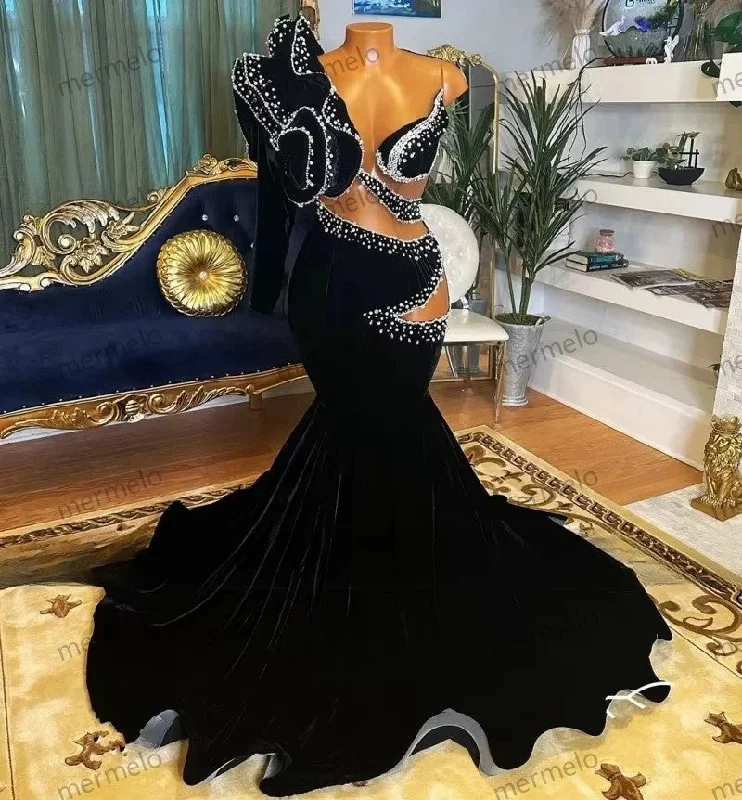 Women's Formal Wear Sexy Black Velvet Prom Dresses One Shoulder Beading Mermaid Party Gowns Long Sleeve Elegant Homecoming Dress Customized Women's Formal Wear Sexy Black Velvet Prom Dresses One Shoulder Beading Mermaid Party Gowns Long Sleeve Elegant Homecoming Dress Customized