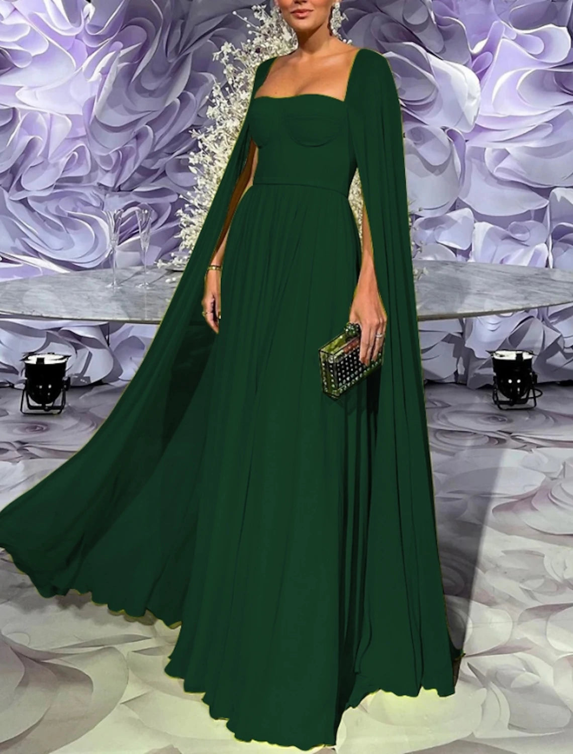 Chic Women's Clothing for Date Nights A-Line Evening Gown Elegant Cape Green Dress Formal Fall Floor Length Long Sleeve Square Neck Chiffon with Pleats Chic Women's Clothing for Date Nights A-Line Evening Gown Elegant Cape Green Dress Formal Fall Floor Length Long Sleeve Square Neck Chiffon with Pleats