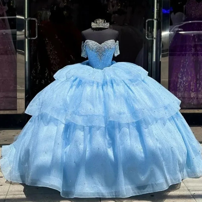 Women Apparel Glitter Sky Blue Princess Quinceanera Dresses Beaded Off The Shoulder Ball Gown Tull Tiered Corset Vestido De 15 Anos customized Women Apparel Glitter Sky Blue Princess Quinceanera Dresses Beaded Off The Shoulder Ball Gown Tull Tiered Corset Vestido De 15 Anos customized
