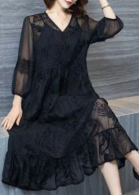 Trendy Looks On Sale Organic Black V Neck Embroideried Patchwork Tulle Dresses Summer Trendy Looks On Sale Organic Black V Neck Embroideried Patchwork Tulle Dresses Summer