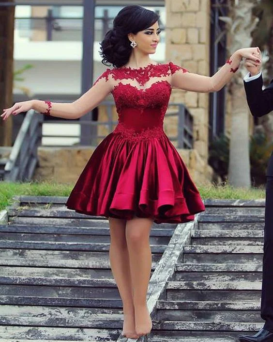 Online Boutiques Affordable Short Ball Gown High Neckline with Long Sleeves Lace Dark Wine Red Backless Lace Prom Dress S3213 Online Boutiques Affordable Short Ball Gown High Neckline with Long Sleeves Lace Dark Wine Red Backless Lace Prom Dress S3213