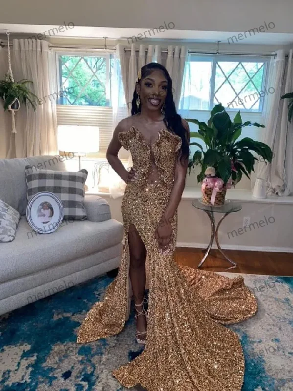 Casual Fashion for Women Sparkling Gold Long Mermaid Prom Gowns For Women Luxury Studded Diamante Sexy High Split Birthday Dresses Vestidos De Gala Casual Fashion for Women Sparkling Gold Long Mermaid Prom Gowns For Women Luxury Studded Diamante Sexy High Split Birthday Dresses Vestidos De Gala