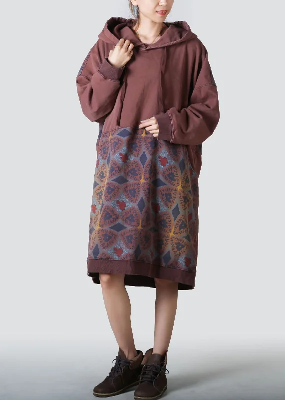Trendy Clothing, Unbeatable Disco Women Coffee Hooded Patchwork Print Cotton Dresses Spring Trendy Clothing, Unbeatable Disco Women Coffee Hooded Patchwork Print Cotton Dresses Spring