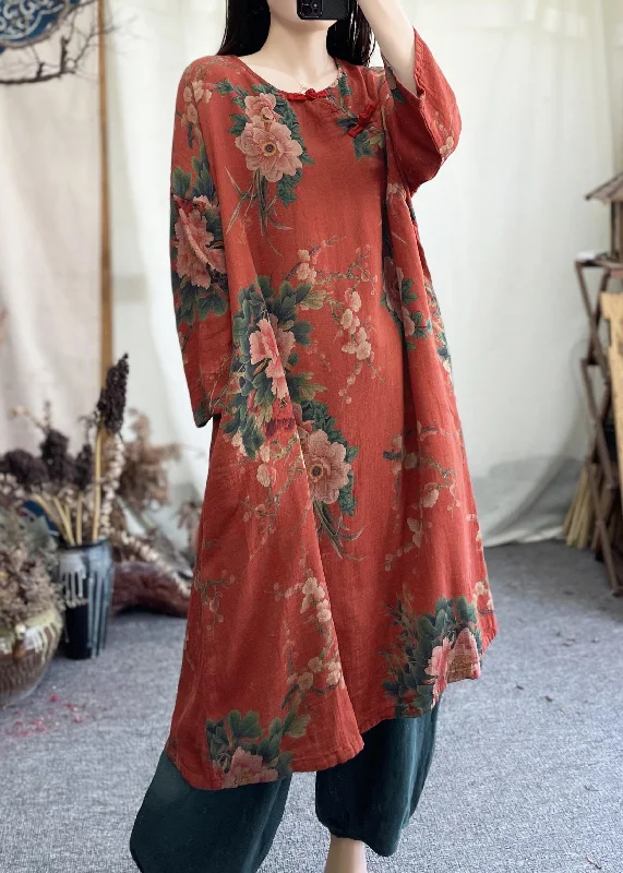Budget-Friendly Fashion Loose Red O Neck Print Pockets Cotton Dresses Spring