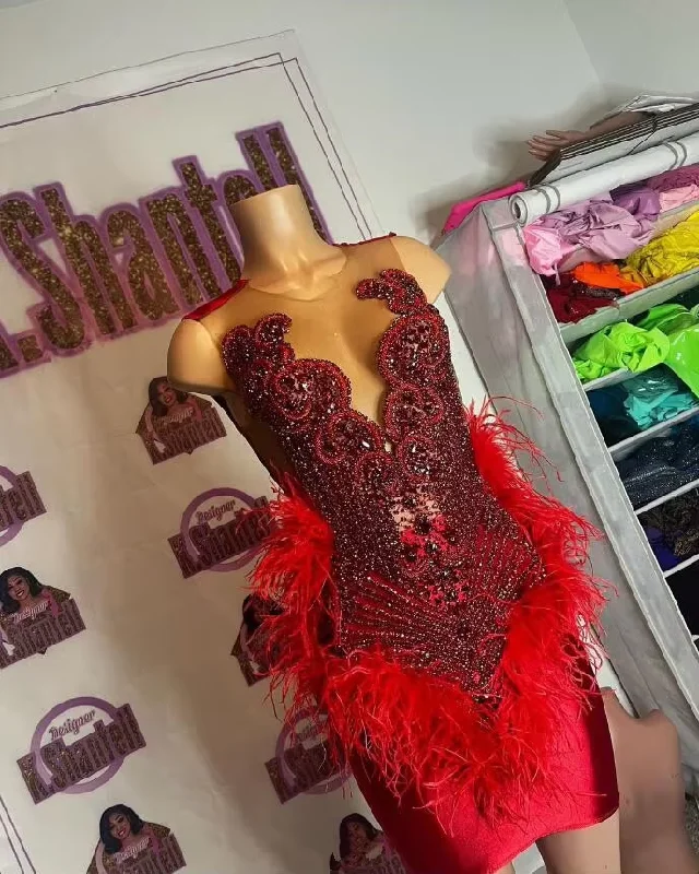Comfortable Outfit For Women Red Sparkly Short Prom Homecoming Dress Luxury Diamond Crystal Ostrich Feather Black Girl Birthday Gown vestidos de graduación Comfortable Outfit For Women Red Sparkly Short Prom Homecoming Dress Luxury Diamond Crystal Ostrich Feather Black Girl Birthday Gown vestidos de graduación