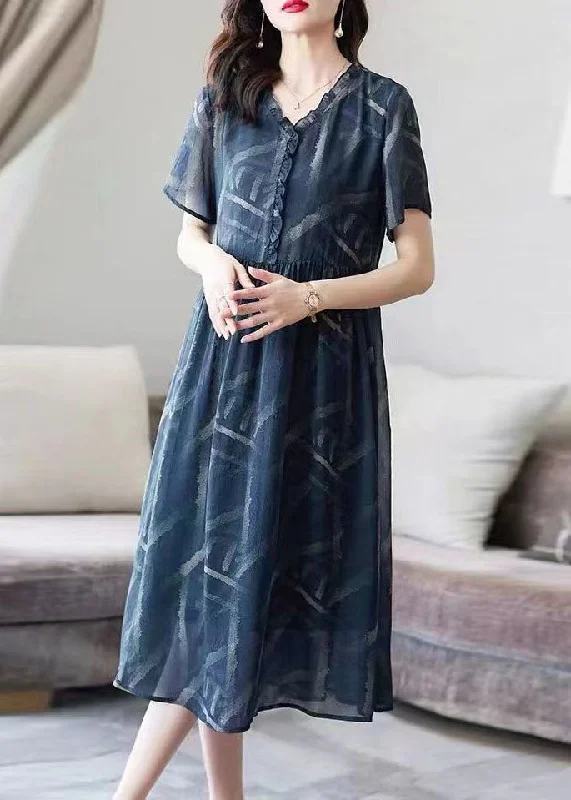 Laid-Back Fashion Offers Art Blue V Neck Ruffled Print Patchwork Chiffon Dresses Summer Laid-Back Fashion Offers Art Blue V Neck Ruffled Print Patchwork Chiffon Dresses Summer