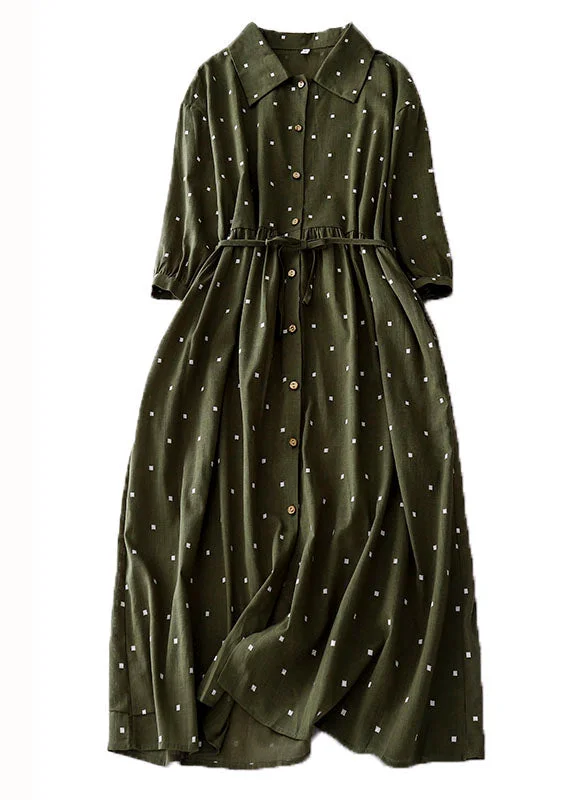 Exclusive Discounts Available Now Green Print Patchwork Cotton Dresses Peter Pan Collar Tie Waist Summer