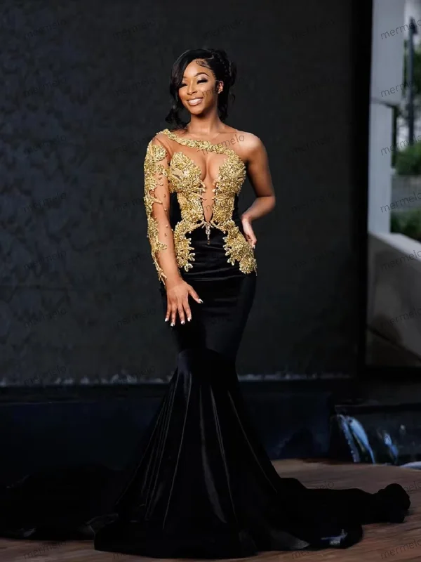 Casual Fashion Trends for Women New Luxury Black Velour Mermaid Women Prom Dress Beading Gold Crystal Rhinestone Birthday Dress One Shoulder Evening Gown