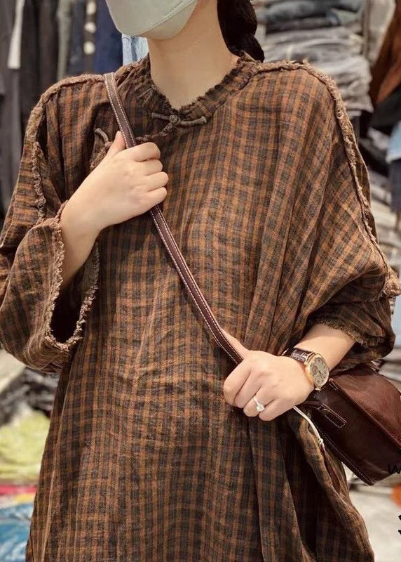 The Best Women's Fashion Sale Of The Season New Plaid Stand Collar Button Linen Dresses Spring The Best Women's Fashion Sale Of The Season New Plaid Stand Collar Button Linen Dresses Spring