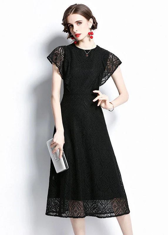 Affordable Luxury – Chic Clothing At Special Prices Women Black O Neck Hollow Out Patchwork Lace Dresses Batwing Sleeve