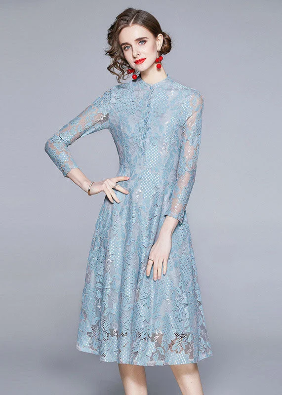 Gift Ideas Style Blue Stand Collar Hollow Out Patchwork Lace Dress Summer