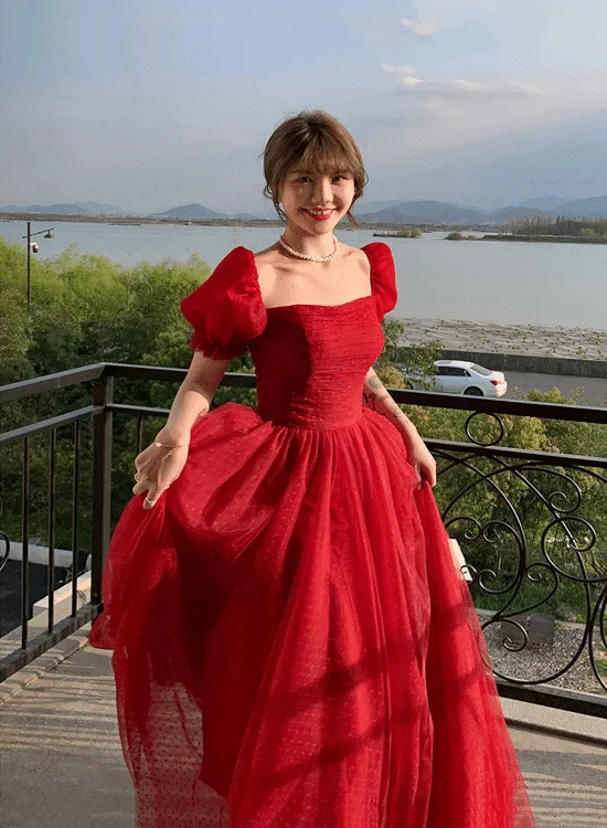 Stylish Women's Attire Red Short Sleeves Tulle Prom Dress Party Dress, Red Evening Gown Formal Dresses S2424 Stylish Women's Attire Red Short Sleeves Tulle Prom Dress Party Dress, Red Evening Gown Formal Dresses S2424