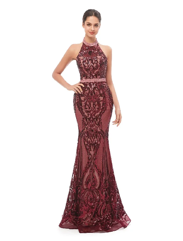 Luxury Women's Clothing Mermaid / Trumpet Evening Gown Beautiful Back Dress Prom Floor Length Sleeveless Halter Sequined with Sequin Luxury Women's Clothing Mermaid / Trumpet Evening Gown Beautiful Back Dress Prom Floor Length Sleeveless Halter Sequined with Sequin