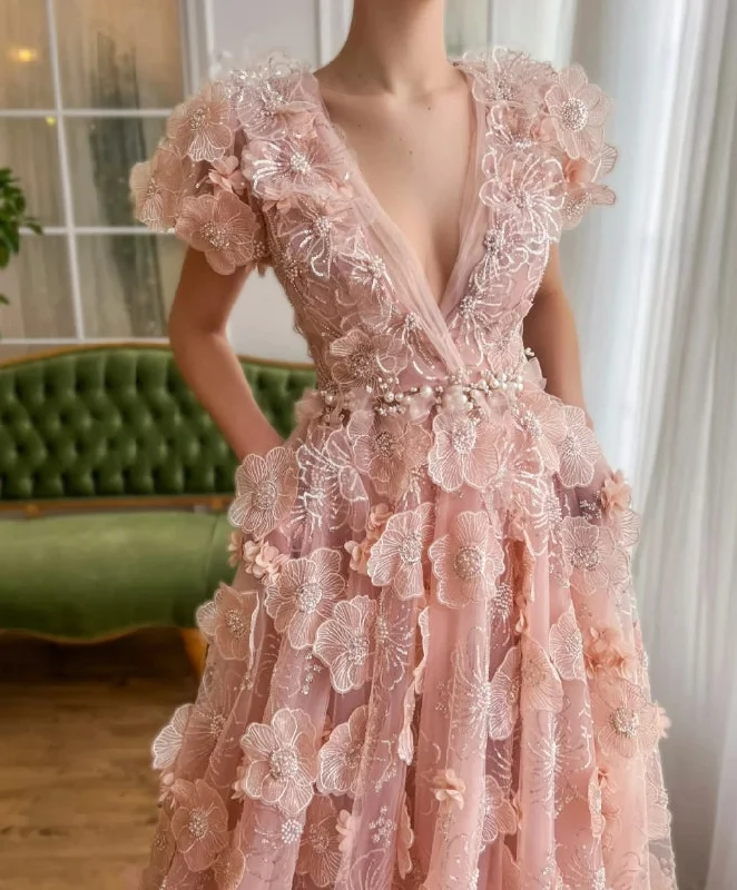 Clothes Women Rose Pink Lace 3D Flowers V Neck Prom Dress Pearls Evening Dresses Cocktail A-line Formal Events Customized Women Party Gown Clothes Women Rose Pink Lace 3D Flowers V Neck Prom Dress Pearls Evening Dresses Cocktail A-line Formal Events Customized Women Party Gown