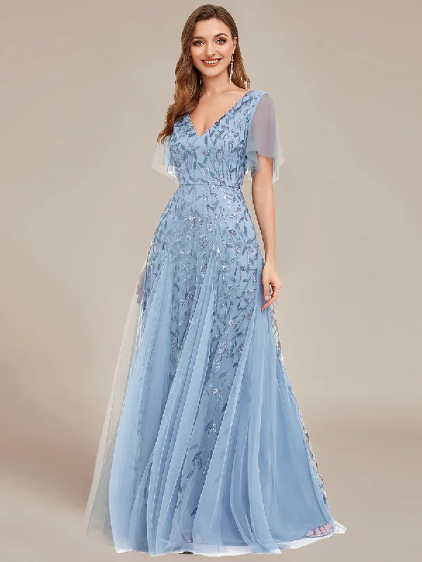Women's Occasion Wear Clothes Deep V Neck Wholesale Sequin Evening Gown With Short Sleeves Women's Occasion Wear Clothes Deep V Neck Wholesale Sequin Evening Gown With Short Sleeves