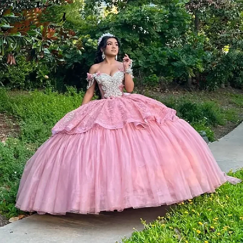 Stylish Women's Outfit Pink Off The Shoulder Lace Ruffles Mexican Quinceanera Dress Ball Gown Beading Tassel Crystal Corset Vestidos De XV Anos Stylish Women's Outfit Pink Off The Shoulder Lace Ruffles Mexican Quinceanera Dress Ball Gown Beading Tassel Crystal Corset Vestidos De XV Anos