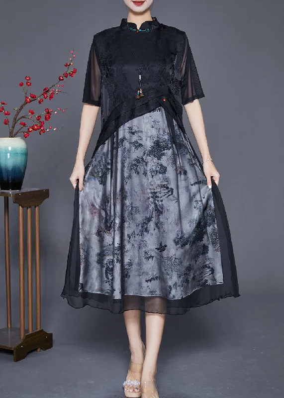 Huge Savings On Must-Have Clothing Essentials Elegant Black Mandarin Collar Patchwork Print Chiffon Dresses Summer Huge Savings On Must-Have Clothing Essentials Elegant Black Mandarin Collar Patchwork Print Chiffon Dresses Summer