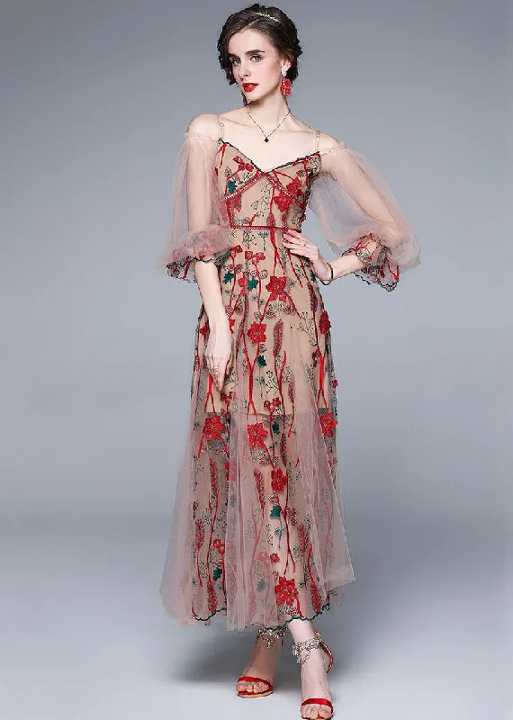 Trendy Styles Bohemian Red V Neck Embroideried Patchwork Tulle Dress Lantern Sleeve