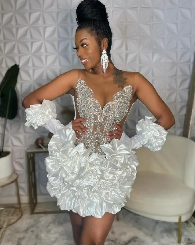 Outlet Clothing Little White Dress Sparkly Short Prom Homecoming Dresses for Black Girl Luxury Diamond Crystal Birthfay Gala Gown with gloves Outlet Clothing Little White Dress Sparkly Short Prom Homecoming Dresses for Black Girl Luxury Diamond Crystal Birthfay Gala Gown with gloves