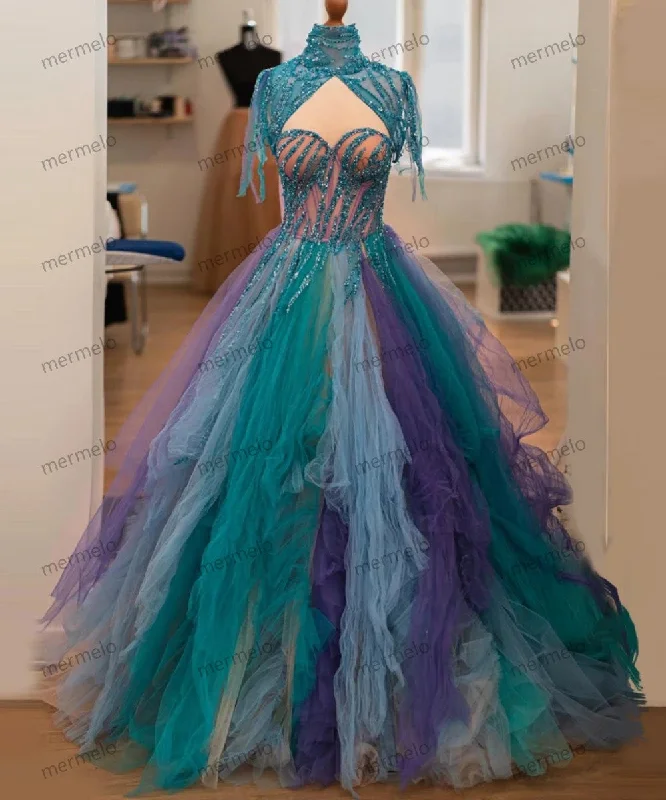 Women's Fashion Clothing High Neck Green Crystals Beaded Dress Layered Ruffles Evening Dresses With Train Colorful Sequins Prom Gown A-line Woman Gown Women's Fashion Clothing High Neck Green Crystals Beaded Dress Layered Ruffles Evening Dresses With Train Colorful Sequins Prom Gown A-line Woman Gown