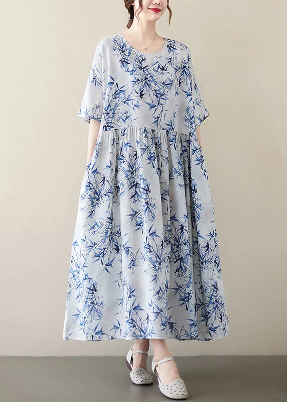 Limited-Stock Sale – Stylish Outfits At Lower Prices Vintage Blue Print Wrinkled Patchwork Robe Dresses Summer