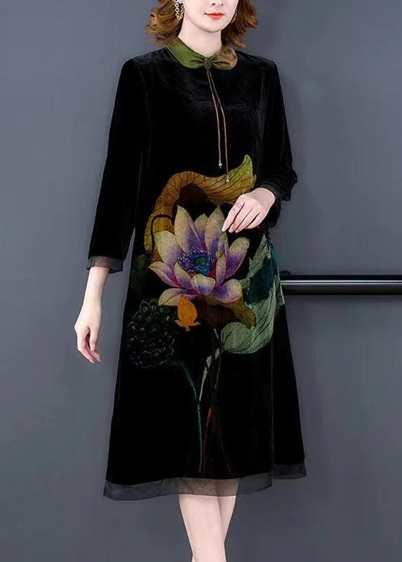 Fashion Sale Boho Green Tasseled Lotus Print Silk Velour Dress Bracelet Sleeve