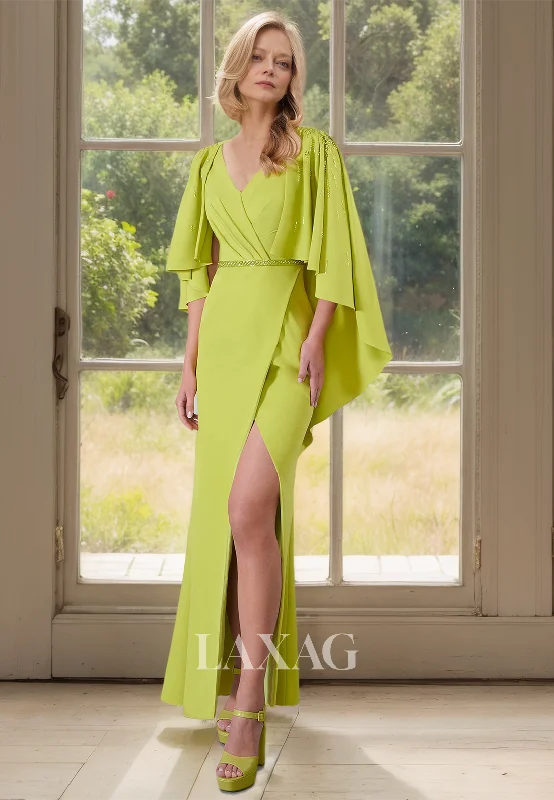 Seasonal Trend V-Neck Pleated Beaded Floor-Length Mertmaid Mother of the Bride Dress with High Slit