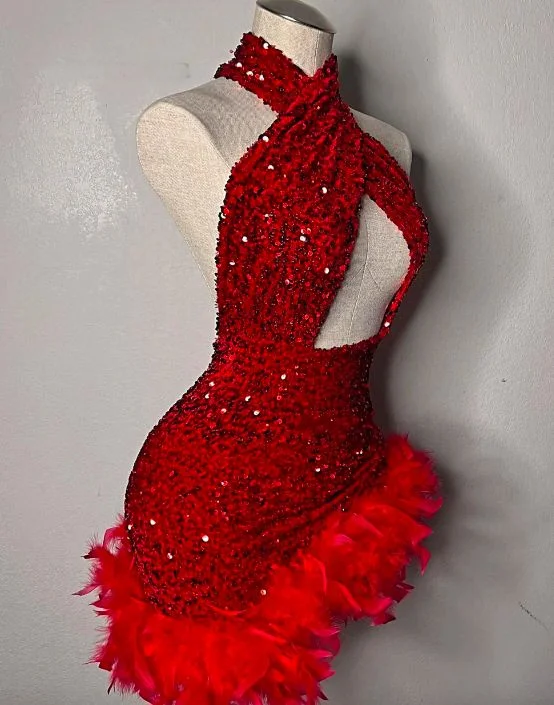 Modern Women's Fashion with Vintage Touches Red Feathers Sequin Prom Dresses Halter Homecoming Dress African Criss Cross Party Gown Mermaid Mini Cocktail Gowns S2838 Modern Women's Fashion with Vintage Touches Red Feathers Sequin Prom Dresses Halter Homecoming Dress African Criss Cross Party Gown Mermaid Mini Cocktail Gowns S2838