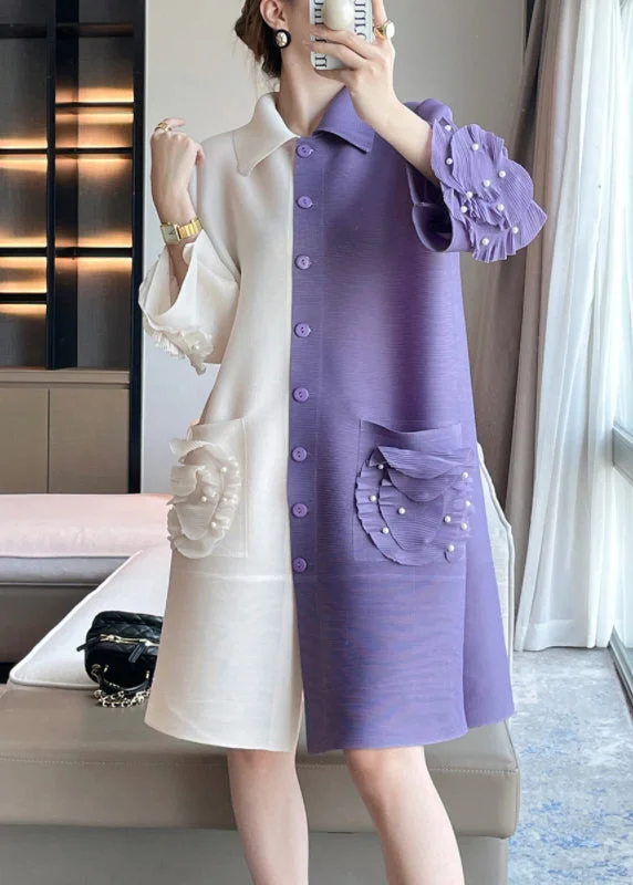 The Latest Trends Italian Lavender Pockets Nail Bead Patchwork Cotton Dress Butterfly Sleeve