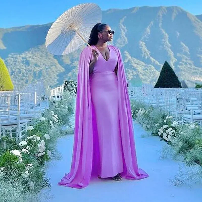 Plus Size Women Wear Lavender Mermaid Evening Dresses With Cape Long Sleeves V Neck Plus Size Women Prom Dress Sexy Spring Summer Gowns For Photos Plus Size Women Wear Lavender Mermaid Evening Dresses With Cape Long Sleeves V Neck Plus Size Women Prom Dress Sexy Spring Summer Gowns For Photos