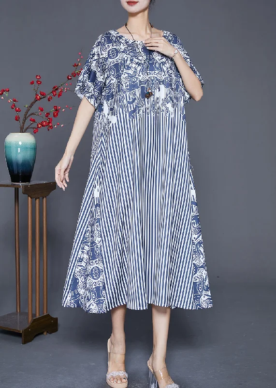 Fashion Deal Fashion Blue Striped Patchwork Exra Large Hem Silk Robe Dresses Summer