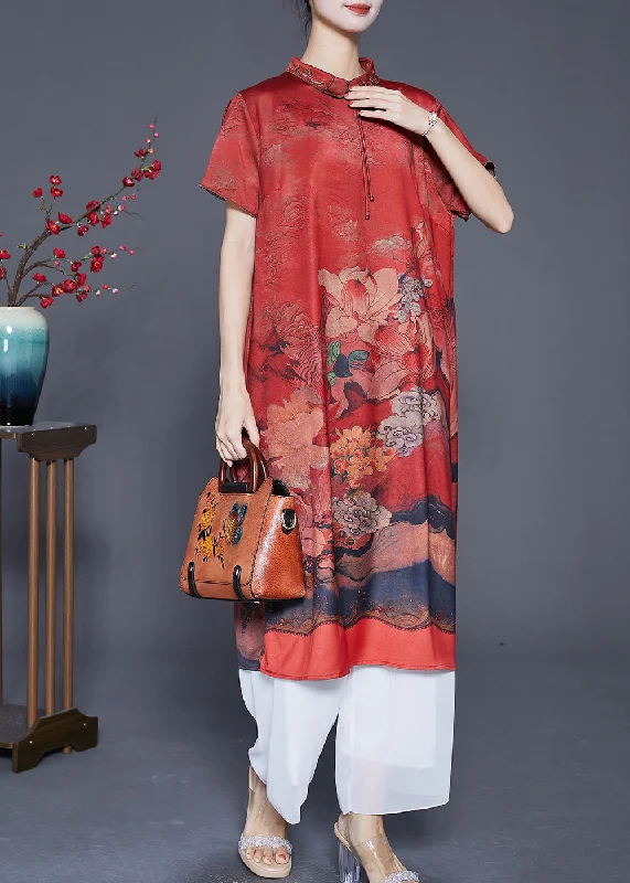 Shop Stylish Fashion At Unbeatable Prices Now Elegant Red Peter Pan Collar Print Silk Robe Dresses Summer
