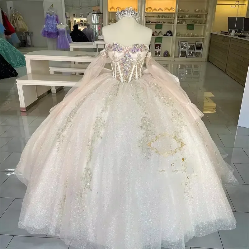 Summer Sale Glittering Crystal Quinceanera Dresses Long Off Shoulder Sleeves Princess Dress Party Gowns Vestidos De 15 Anos Summer Sale Glittering Crystal Quinceanera Dresses Long Off Shoulder Sleeves Princess Dress Party Gowns Vestidos De 15 Anos