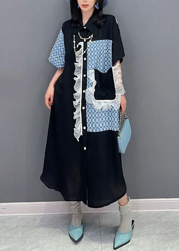 Fashion Sale Style Black Print Ruffled Patchwork Cotton Shirts Dress Summer