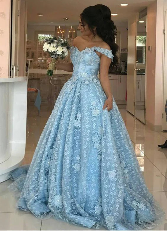 Trendy Outfits For Girls Ball Gown Light Blue Lace Appliques Prom Dresses Off the Shoulder Quinceanera Dresses Trendy Outfits For Girls Ball Gown Light Blue Lace Appliques Prom Dresses Off the Shoulder Quinceanera Dresses