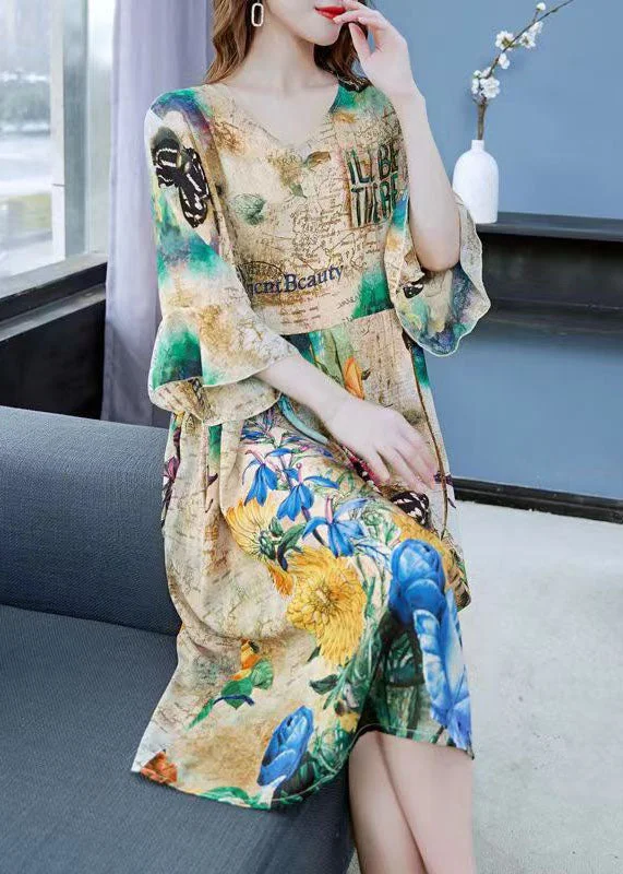 Refined Fashion Sale Art Khaki V Neck Print Wrinkled Patchwork Chiffon Dress Butterfly Sleeve