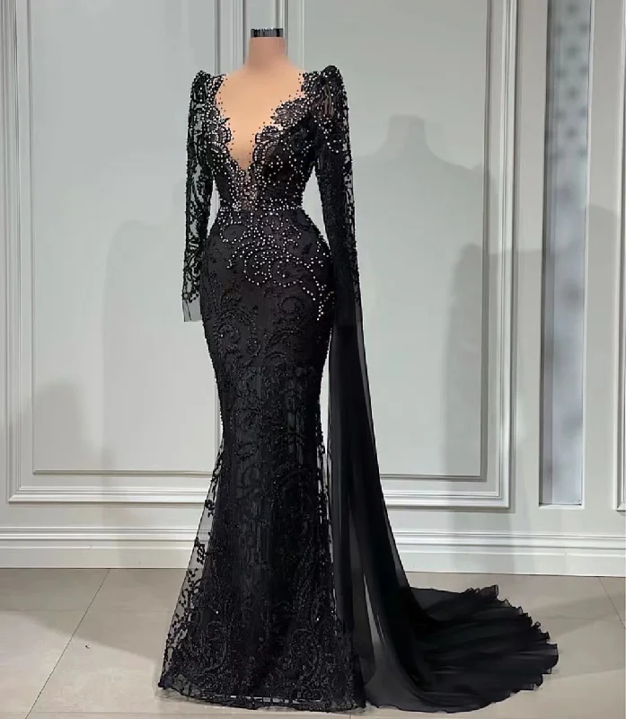 Women's Work Outfit For The Office modest black evening dresses long sleeve lace applique beaded mermaid elegant vintage evening gown formal party dressess S2442 Women's Work Outfit For The Office modest black evening dresses long sleeve lace applique beaded mermaid elegant vintage evening gown formal party dressess S2442