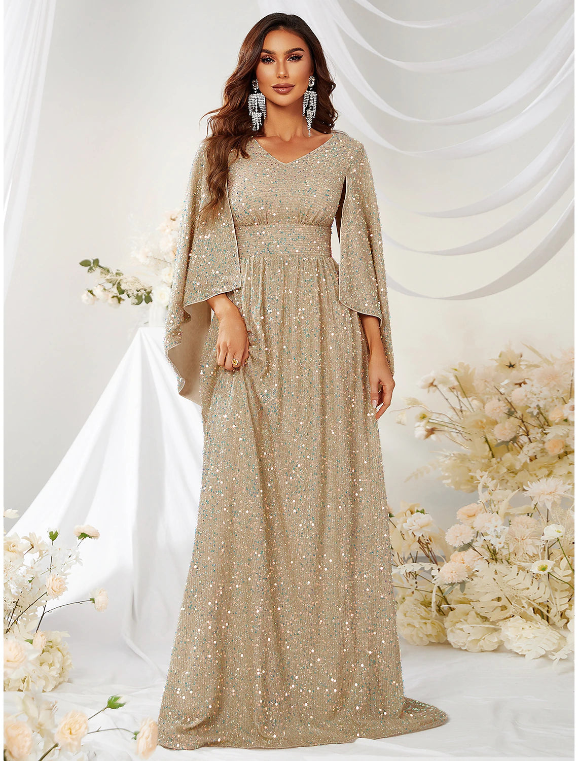 Casual Outfit For Women A-Line Evening Gown Sparkle & Shine Dress Formal Sweep / Brush Train Long Sleeve V Neck Capes Polyester with Sequin Casual Outfit For Women A-Line Evening Gown Sparkle & Shine Dress Formal Sweep / Brush Train Long Sleeve V Neck Capes Polyester with Sequin