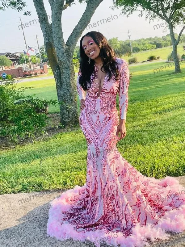 Casual Chic for Women Sparkly Pink Mermaid Prom Party Dresses Long Sleeve Applique Feather Black Girl Birthday Queen Gown Casual Chic for Women Sparkly Pink Mermaid Prom Party Dresses Long Sleeve Applique Feather Black Girl Birthday Queen Gown